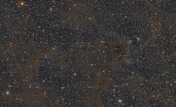 Nubi di polveri in Cefeo LBN 468 LDN 1158 LDN 1148 e altre annotazione astrometrica
